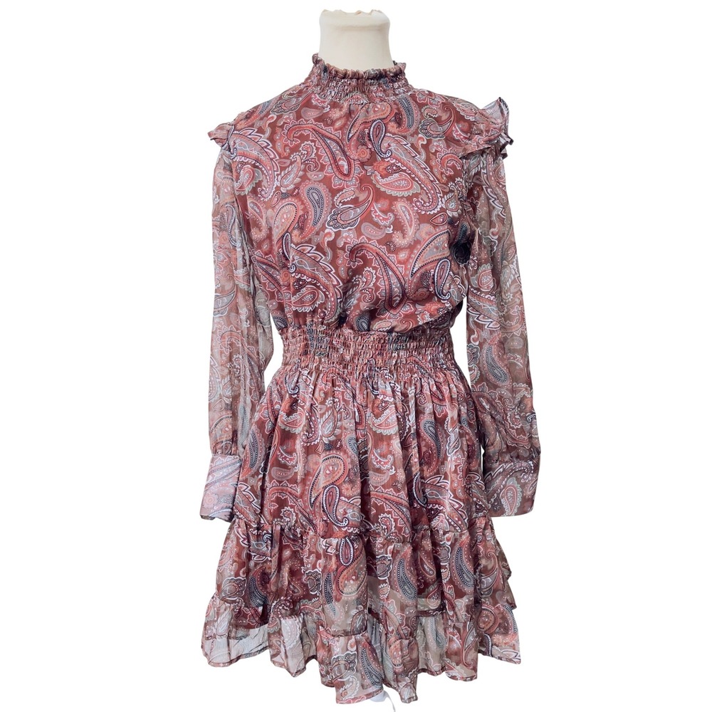 Sunday Up Women Paisley Smocked Waist Ruffle Dress Medium Terracotta Boho Mini